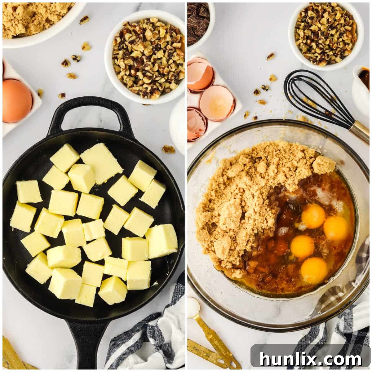 A collage showing the process of melting butter in a pan and mixing ingredients in a bowl for blondies.