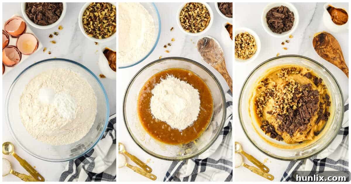 A collage illustrating the mixing of dry ingredients into the wet mixture, creating a thick blondie batter.