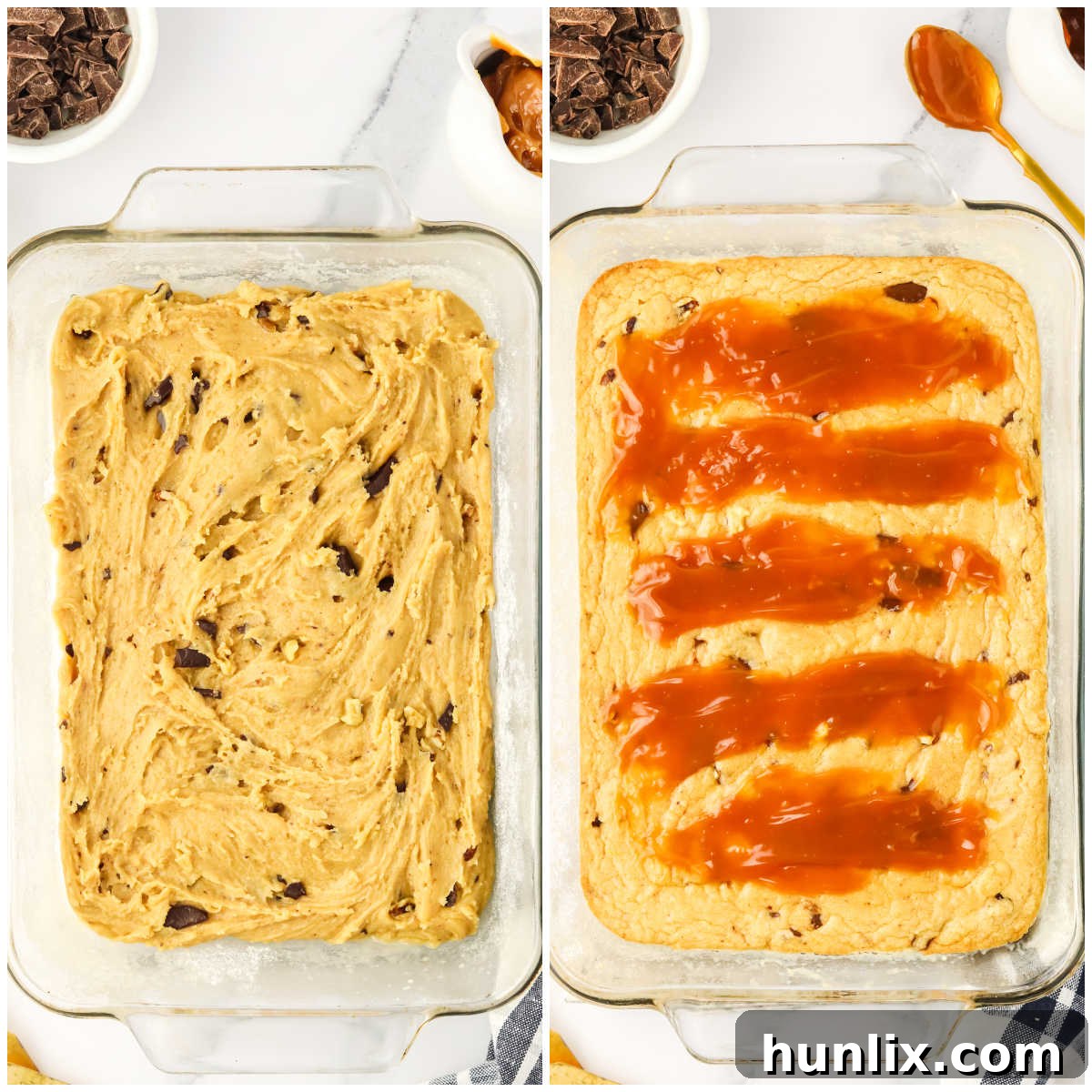 A collage depicting the layering of blondie batter and caramel into a baking pan.