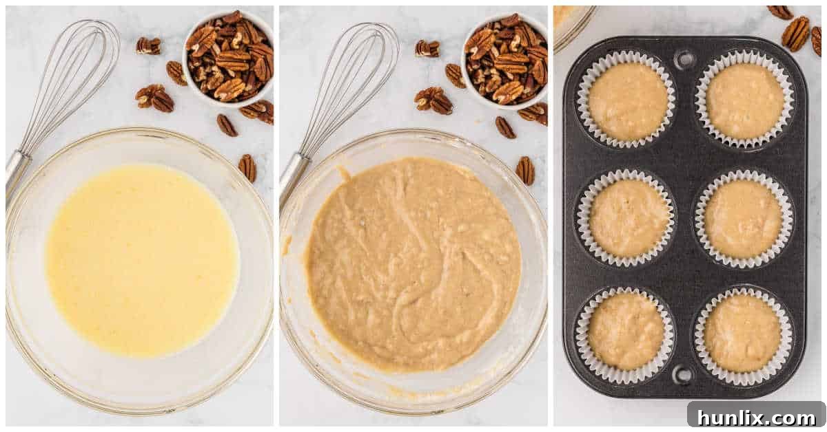 A visual collage showing the process of mixing cupcake batter for pecan pie cupcakes.