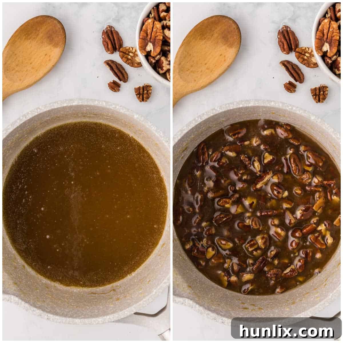 A collage demonstrating the steps for making the pecan pie filling.