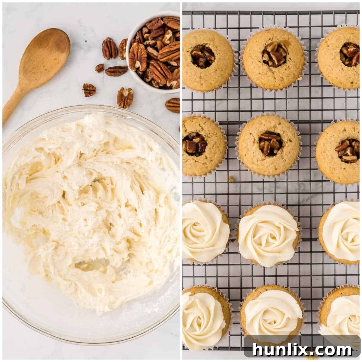 A collage showing the process of making buttercream frosting and applying it to cupcakes.