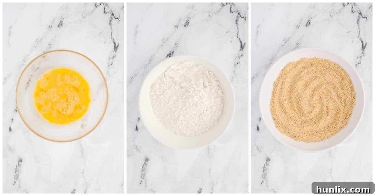 A collage showing three bowls prepared for the breading station.