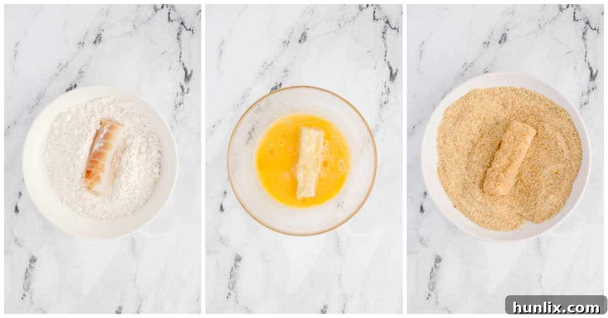 A collage demonstrating the process of breading the fish sticks.