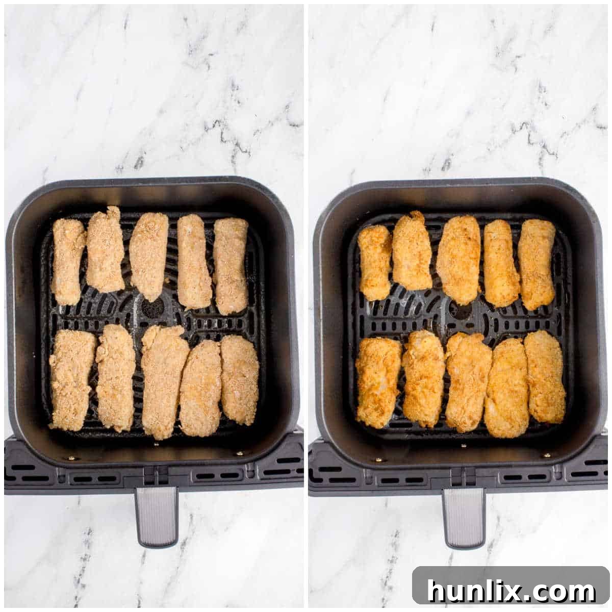 A collage showing the fish stick recipe cooking in an air fryer.
