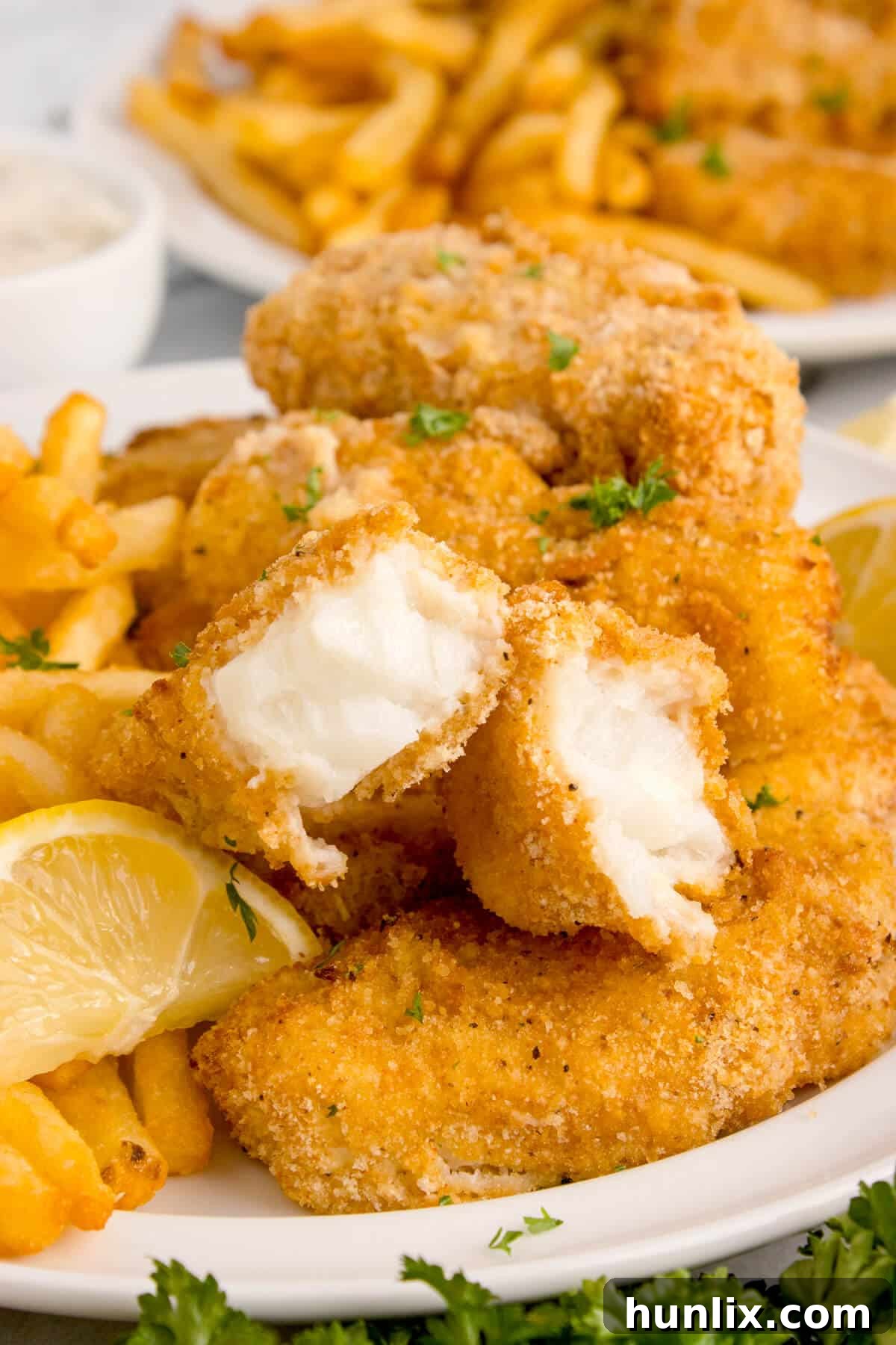 The air-fried fish sticks on a plate, with one broken in half to show the flaky interior.