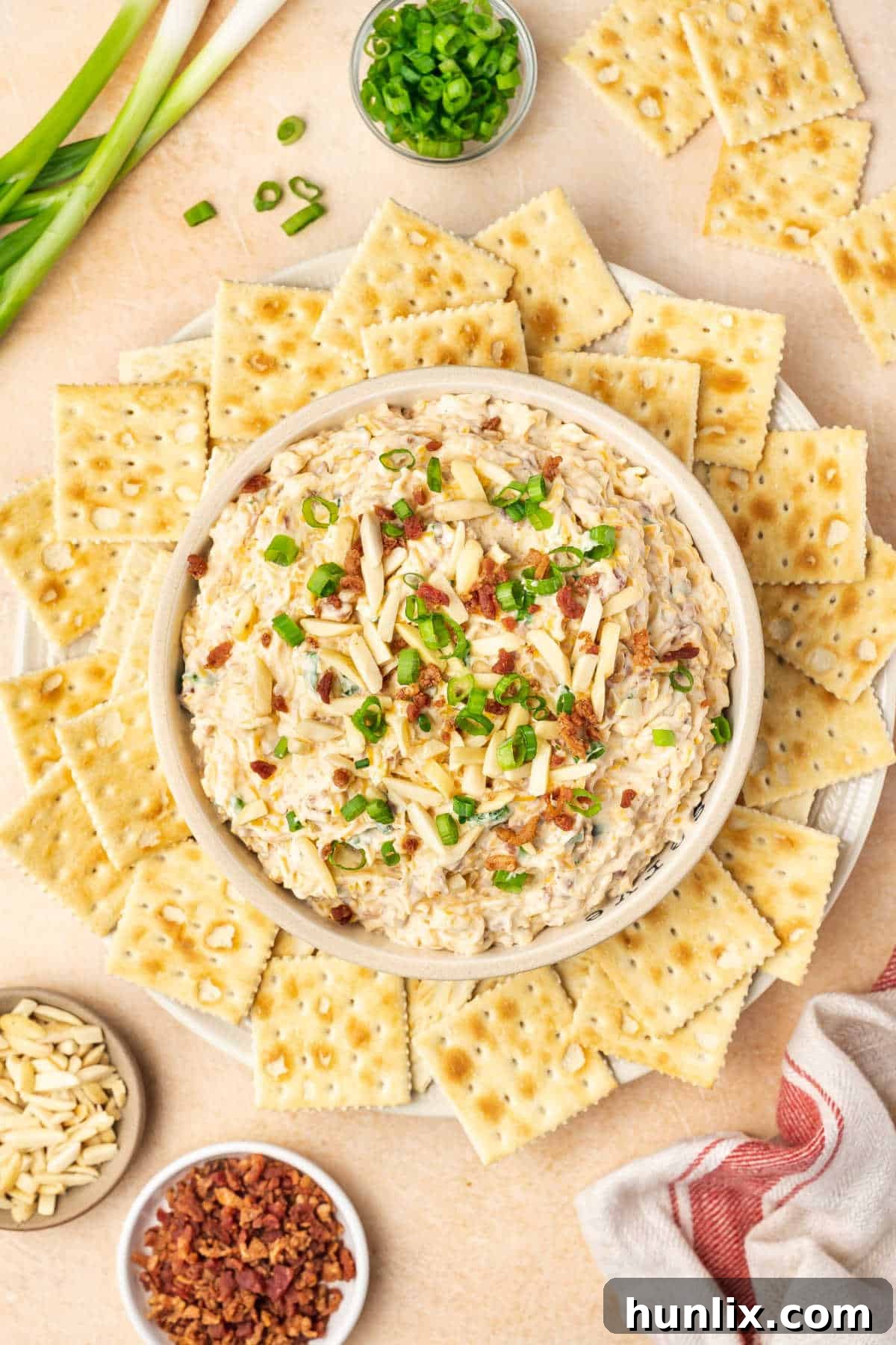 A vibrant Million Dollar Dip, surrounded by a variety of crackers, ready to be served at a party. The creamy texture with visible bacon, cheese, and almonds promises a delicious experience.