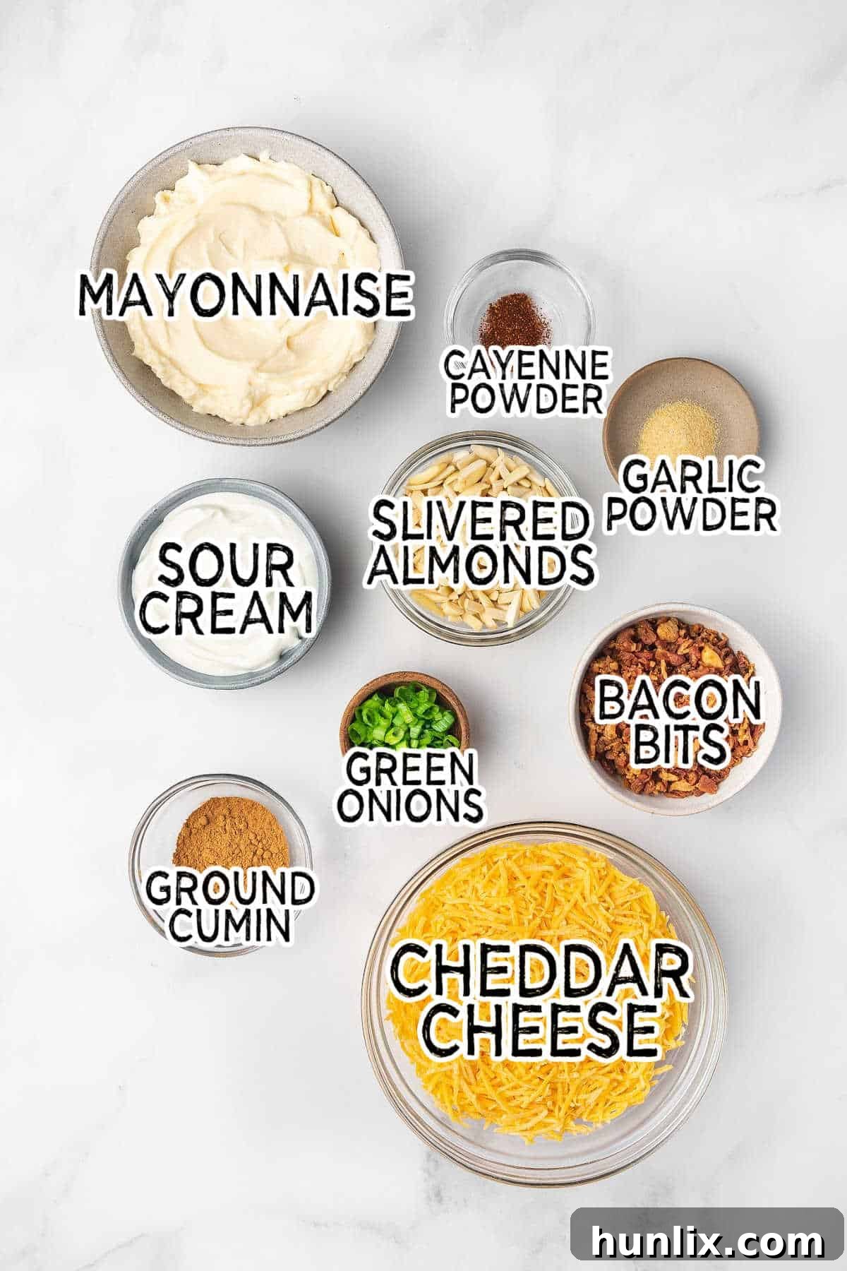 All the fresh ingredients for Million Dollar Dip neatly arranged on a white surface, including mayonnaise, sour cream, bacon, cheddar cheese, slivered almonds, and green onions.