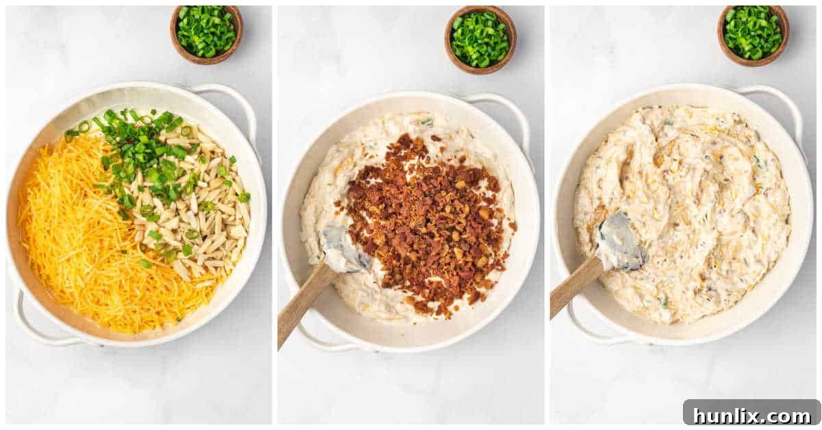 A visual collage showing the easy preparation of Million Dollar Dip, from combining ingredients in a bowl to the final mixing step.
