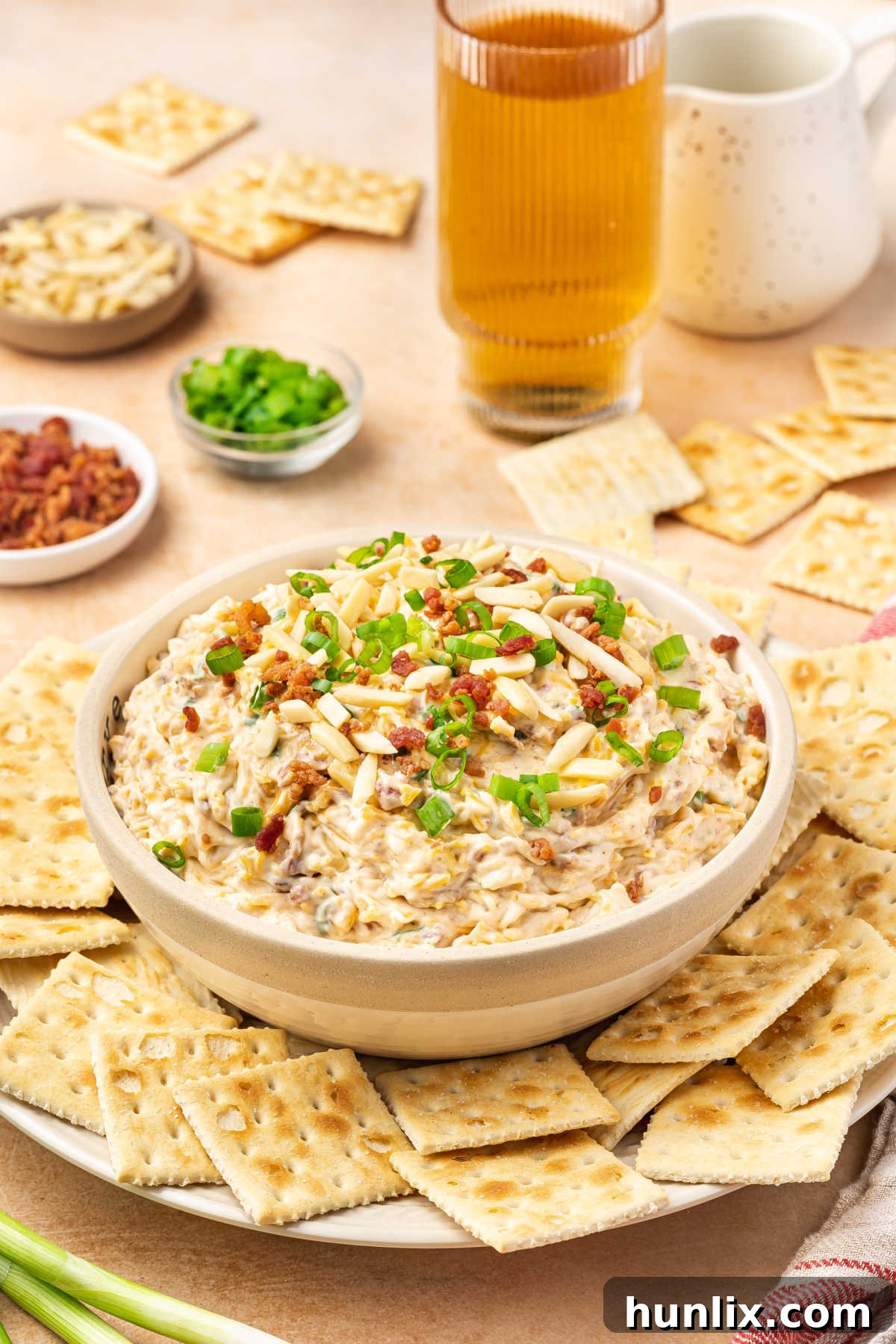 The Million Dollar Dip served in a white bowl, surrounded by an assortment of crackers and ready for guests.