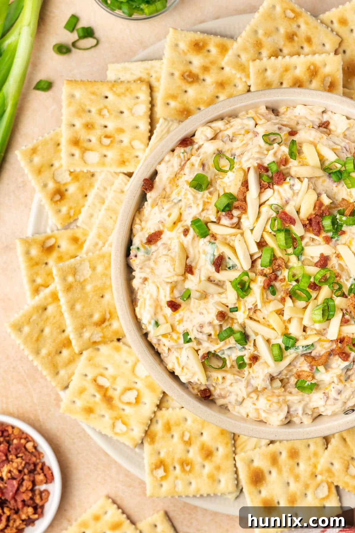 A close-up of the Million Dollar Dip, showcasing its creamy texture and the delicious mix-ins, with a cracker dipped in.