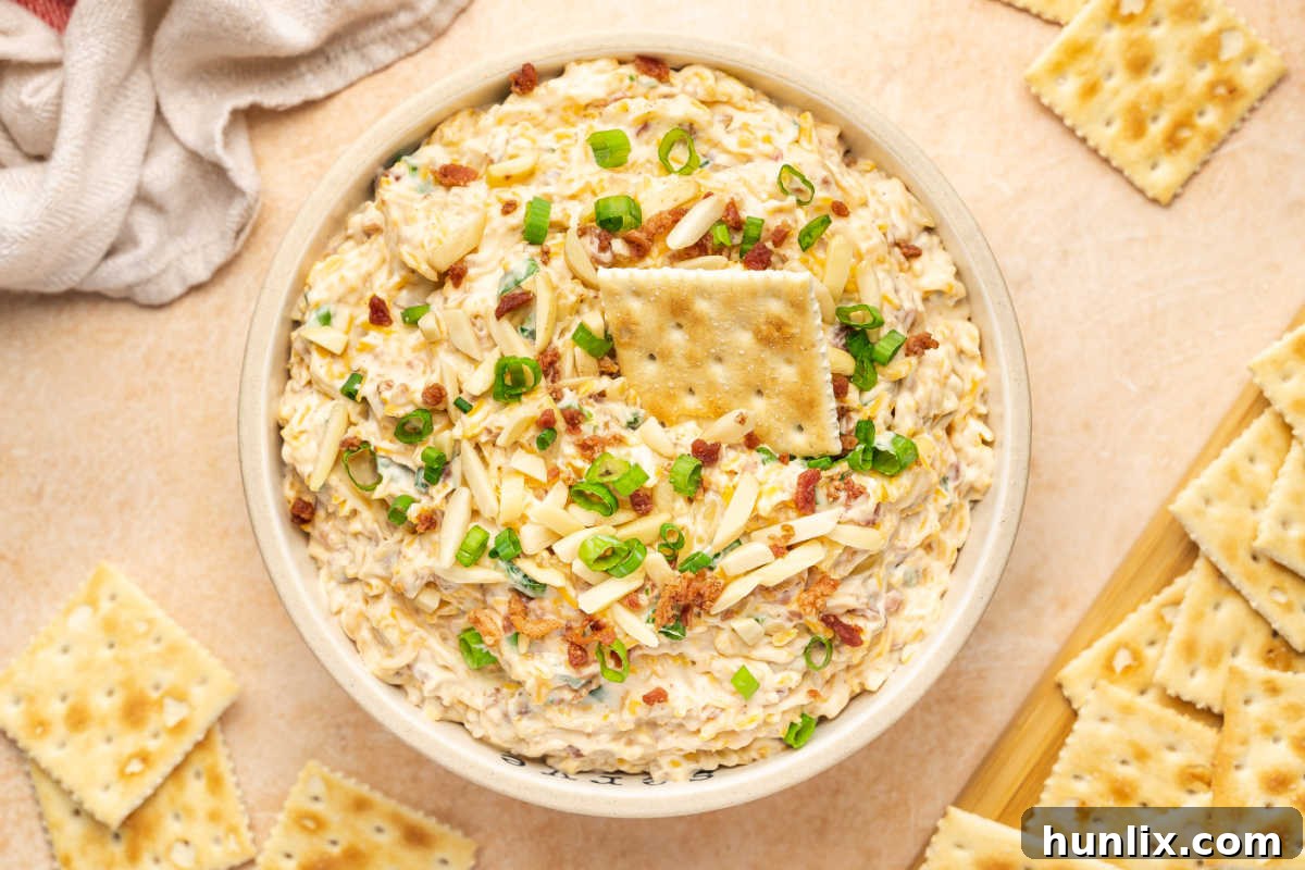 The finished Million Dollar Dip in a serving bowl, with a cracker dipped in, ready to be enjoyed.
