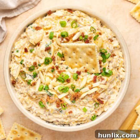 A close-up of the Million Dollar Dip, showcasing its creamy texture and the delicious mix-ins, with a cracker dipped in.