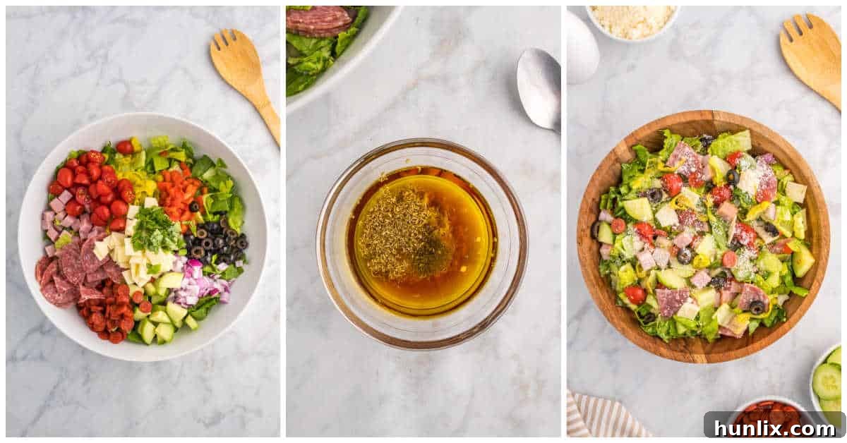 Collage showing various steps to make Italian Sub Salad.