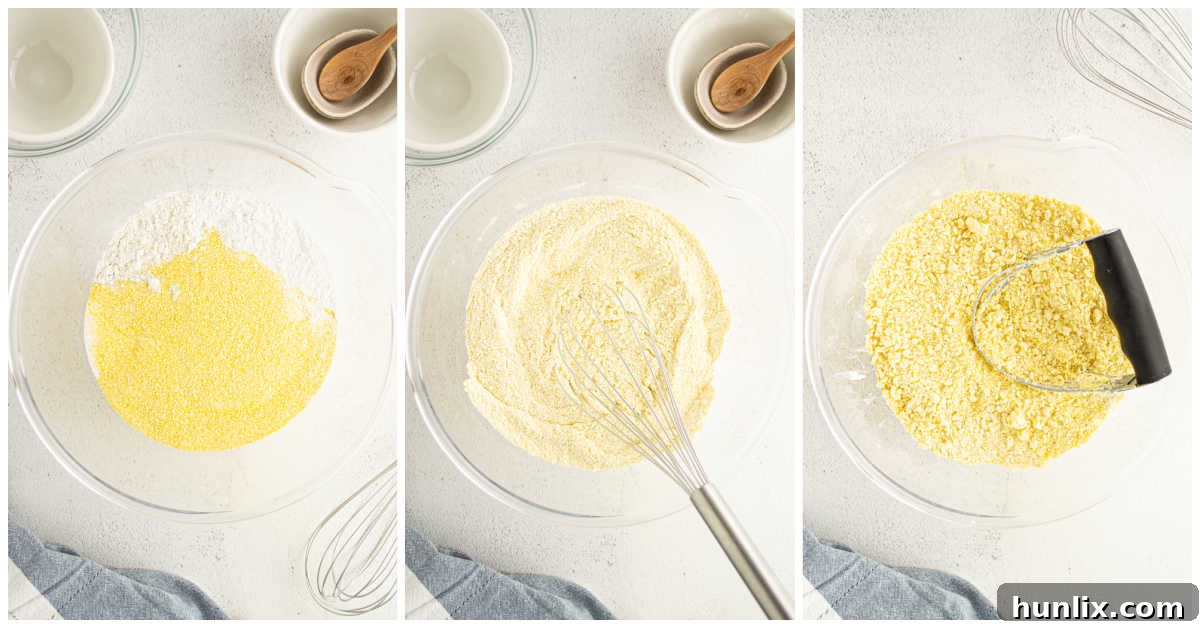 Dry ingredients and shortening for Southern Corn Cake being mixed.