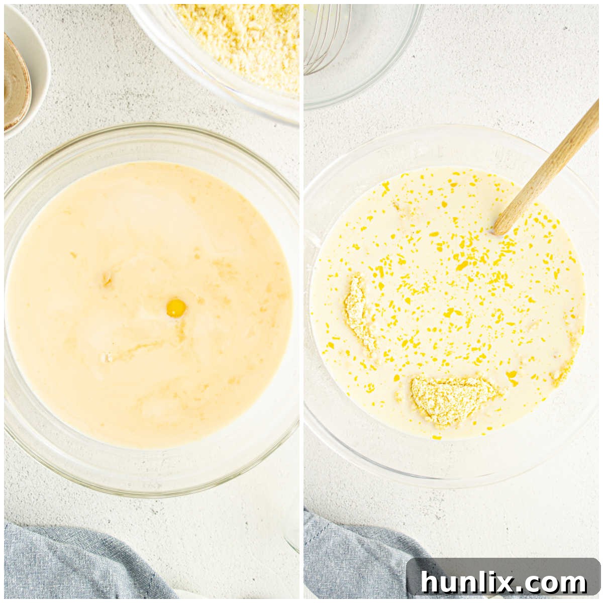 Wet ingredients being poured into dry ingredients for Southern Corn Cake.