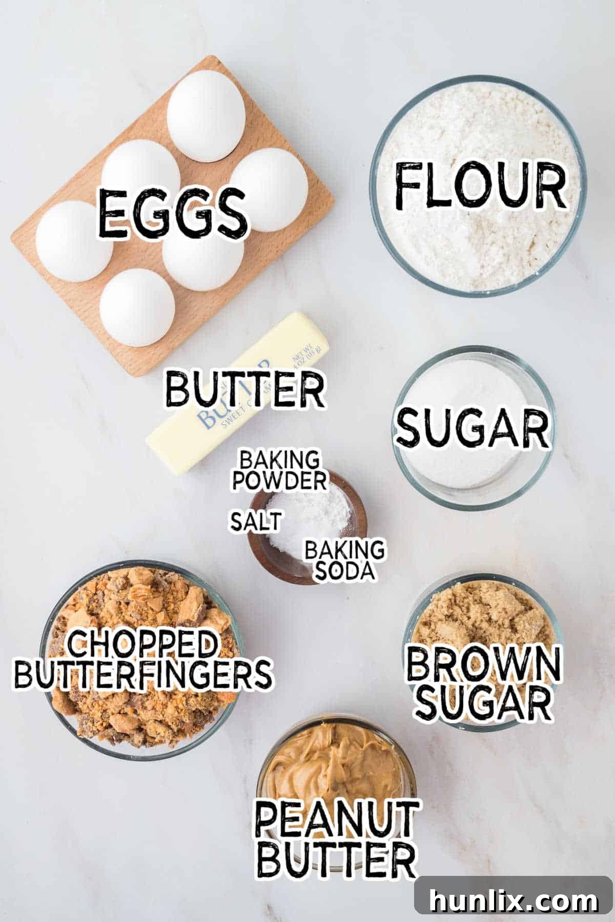Various ingredients laid out to make Butterfinger Cookies.