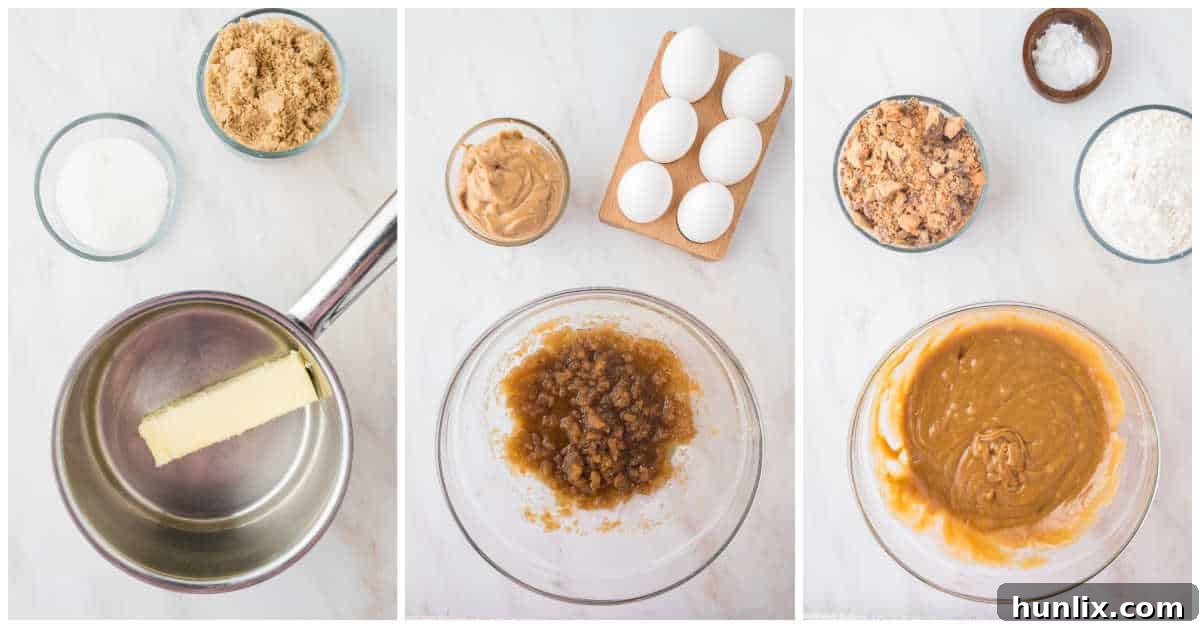 Preparatory steps showing ingredients and chopped Butterfingers.