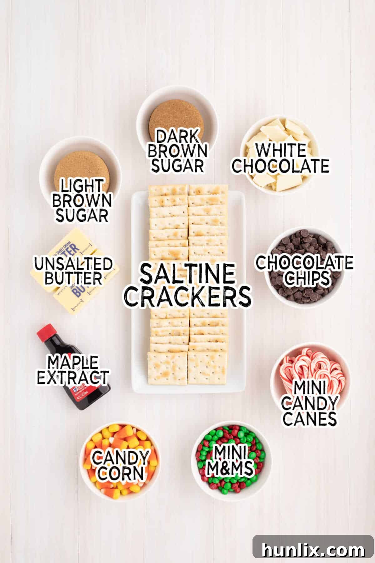 Buddy the Elf's Irresistible Christmas Crack 3 A collection of ingredients for Buddy the Elf Christmas Crack laid out on a white surface.