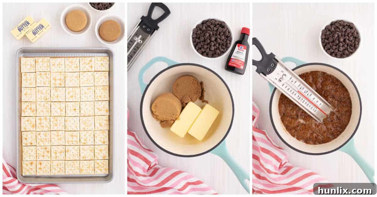 Buddy the Elf's Irresistible Christmas Crack 4 A collage showing the process of laying out saltine crackers on a baking sheet and cooking the caramel toffee mixture in a saucepan.