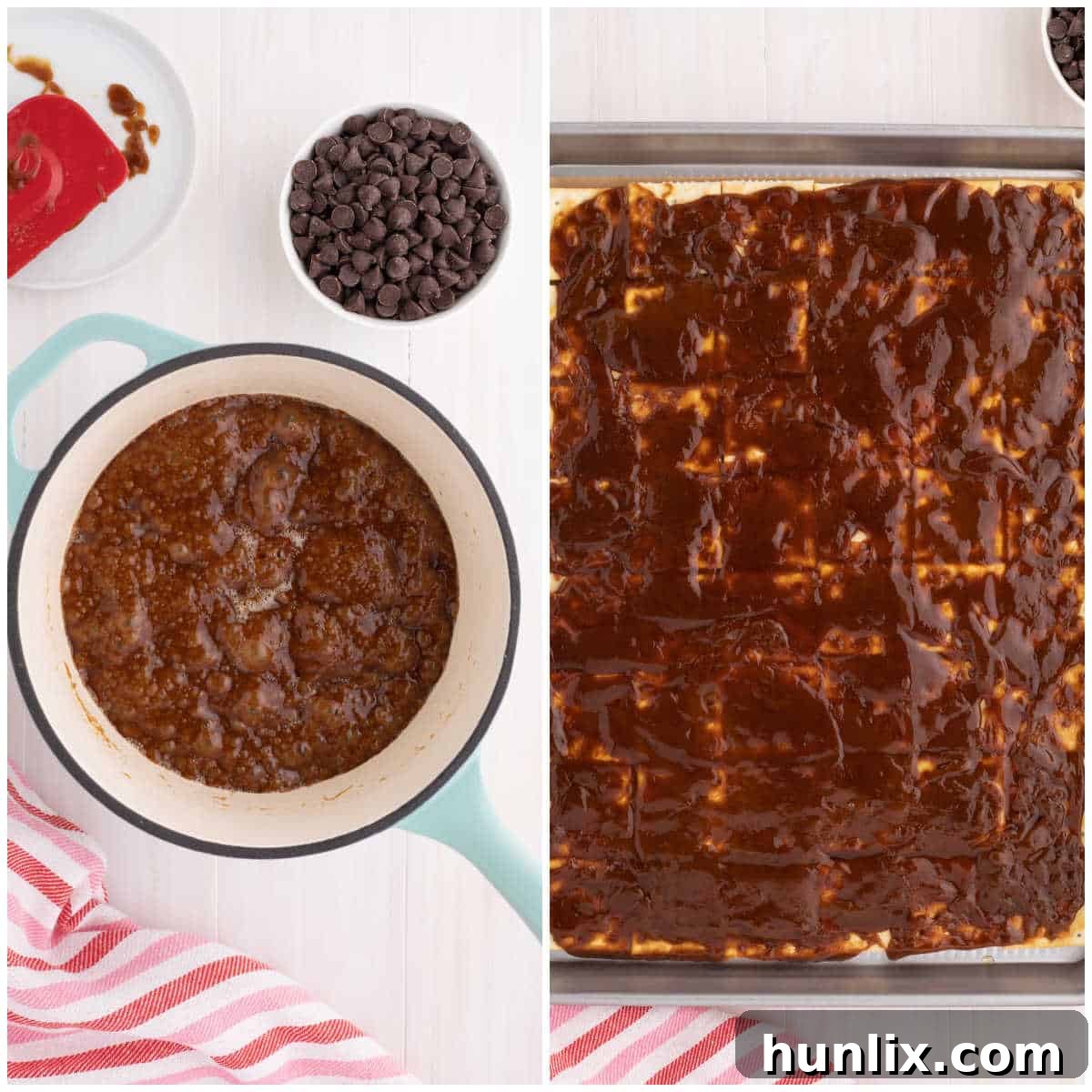 Buddy the Elf's Irresistible Christmas Crack 5 A collage demonstrating the step of spreading the hot caramel toffee mixture evenly over the saltine crackers.