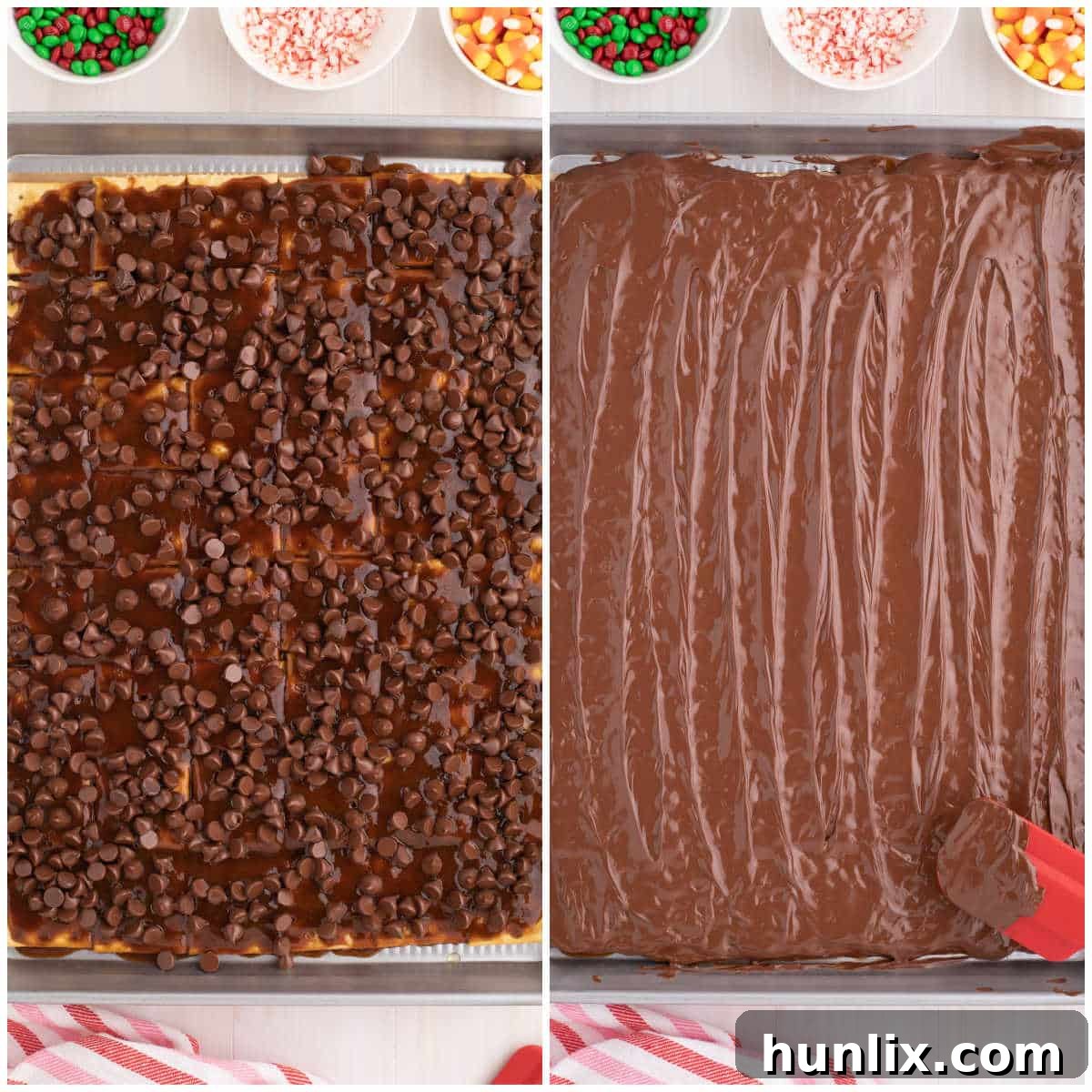 Buddy the Elf's Irresistible Christmas Crack 6 A collage showing the process of sprinkling chocolate chips and then spreading the melted chocolate over the caramel layer.