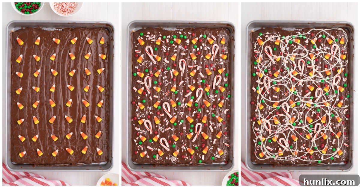 Buddy the Elf's Irresistible Christmas Crack 7 A collage showing the final steps of adding candy toppings and white chocolate 'spaghetti' to the Buddy the Elf Christmas Crack.