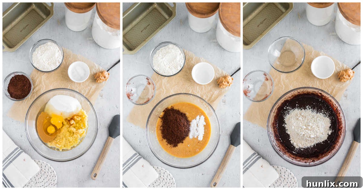 Steps to make chocolate peanut butter banana bread.