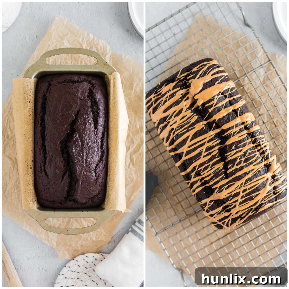 Steps to make chocolate peanut butter banana bread.