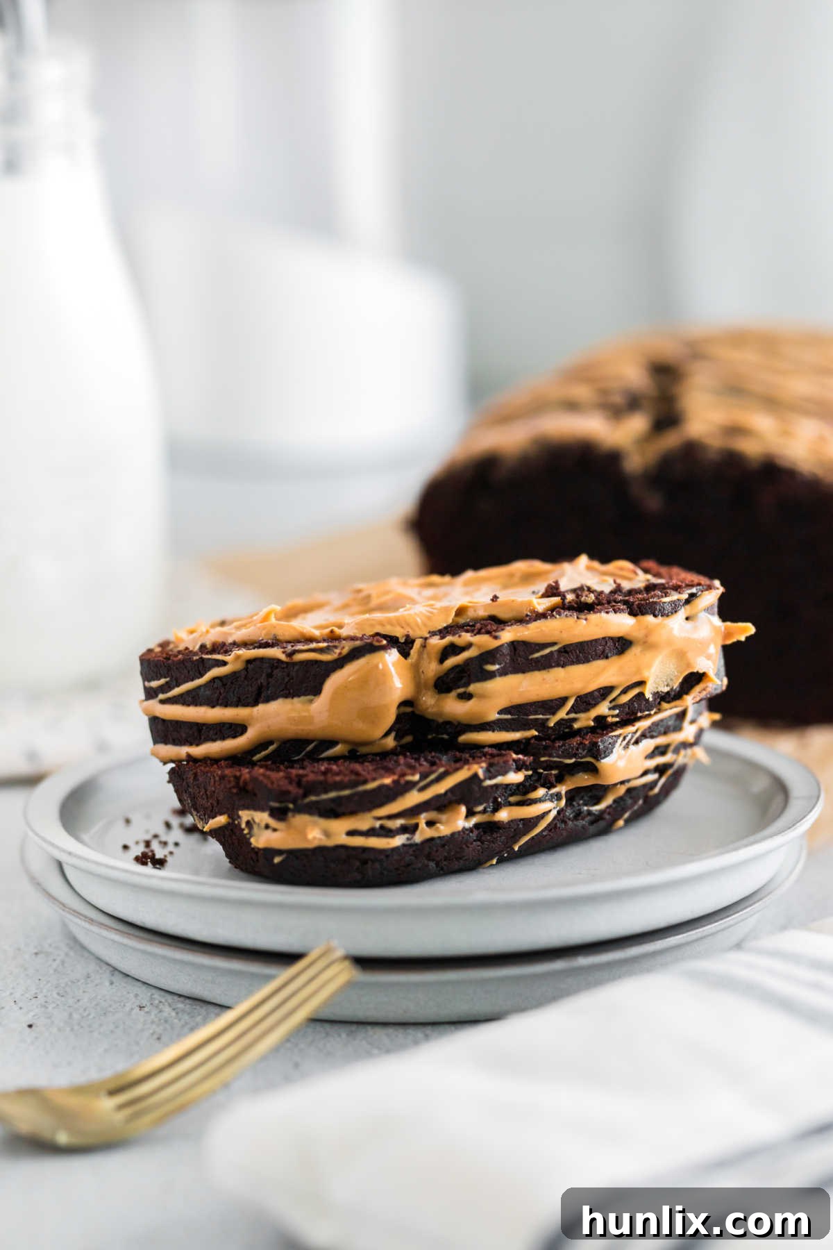 A stack of chocolate peanut butter banana bread.