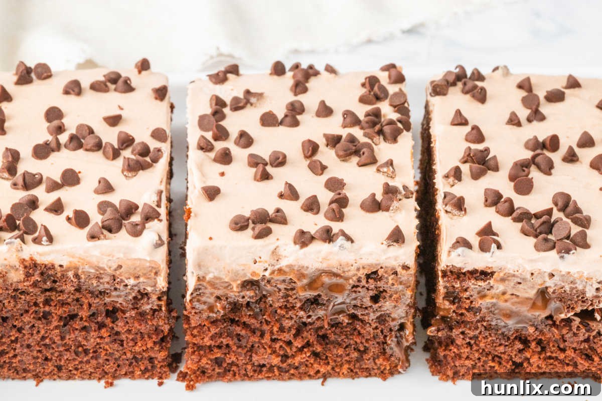 Decadent Triple Chocolate Poke Cake 11 Pieces of cake on a platter.