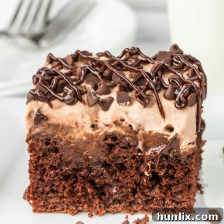 Decadent Triple Chocolate Poke Cake 12 A piece of cake on a platter.