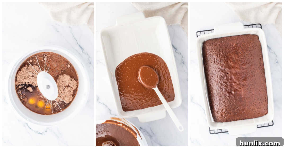 Decadent Triple Chocolate Poke Cake 4 Collage of mixing ingredients in a bowl and spreading into a cake pan.