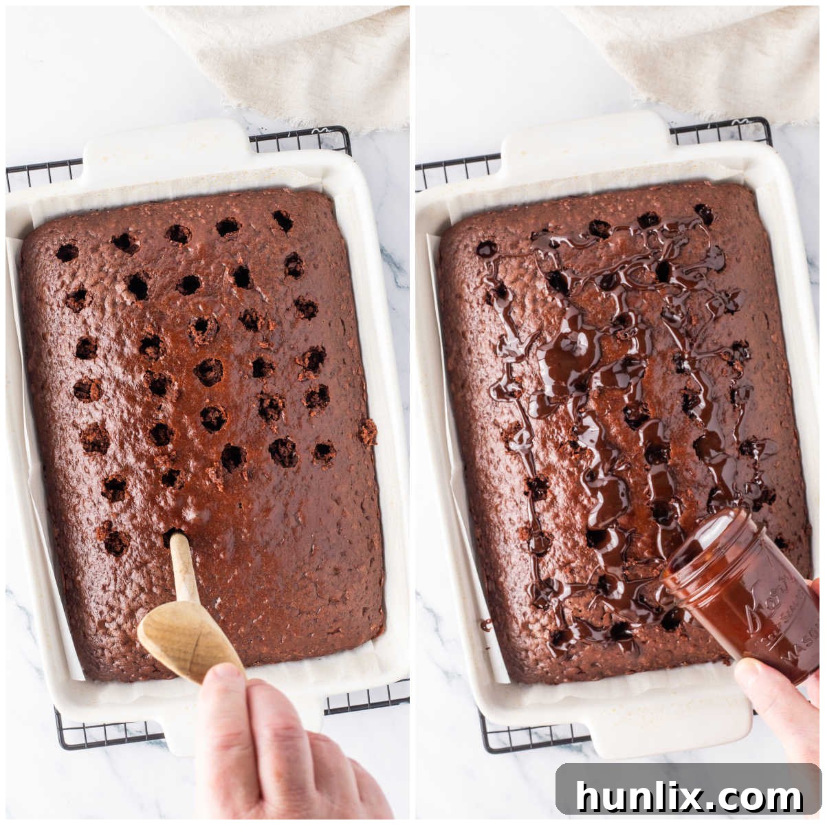 Decadent Triple Chocolate Poke Cake 5 Collage of poking holes in the cake and pouring in fudge sauce.