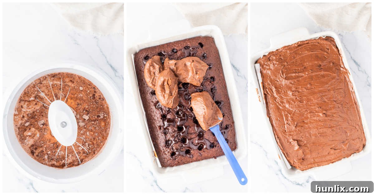 Decadent Triple Chocolate Poke Cake 6 Collage of making the frosting and spreading on the cake.