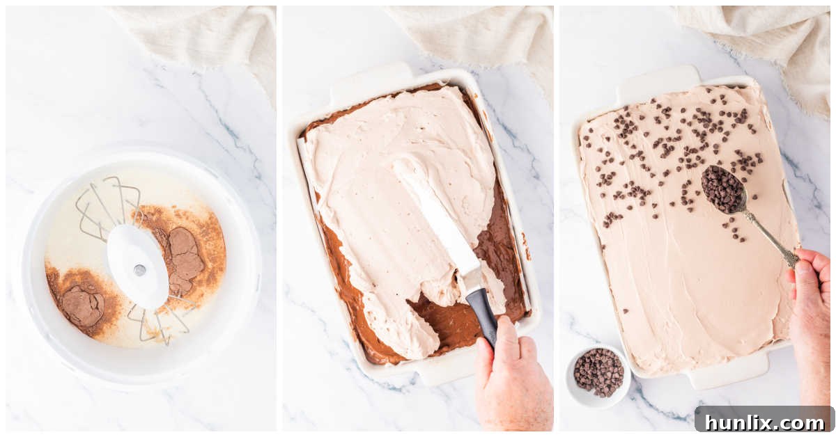 Decadent Triple Chocolate Poke Cake 7 Collage of frosting the cake and sprinkling on chocolate chips.