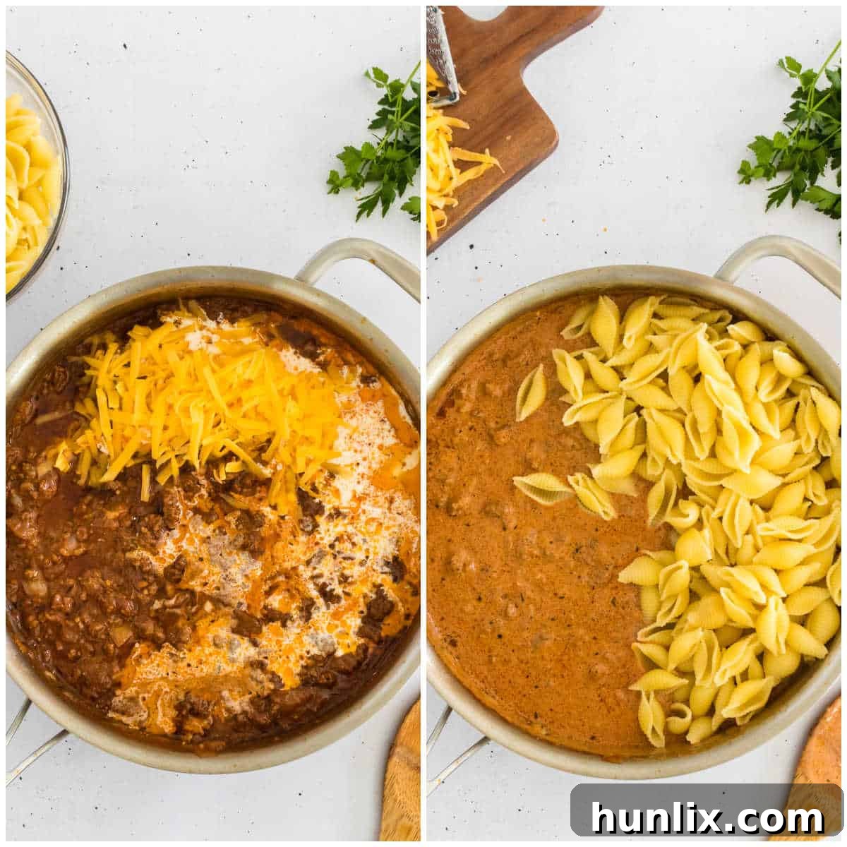 The final steps of making creamy beef and shells, showing the creamy sauce and pasta mixed together in a pan.