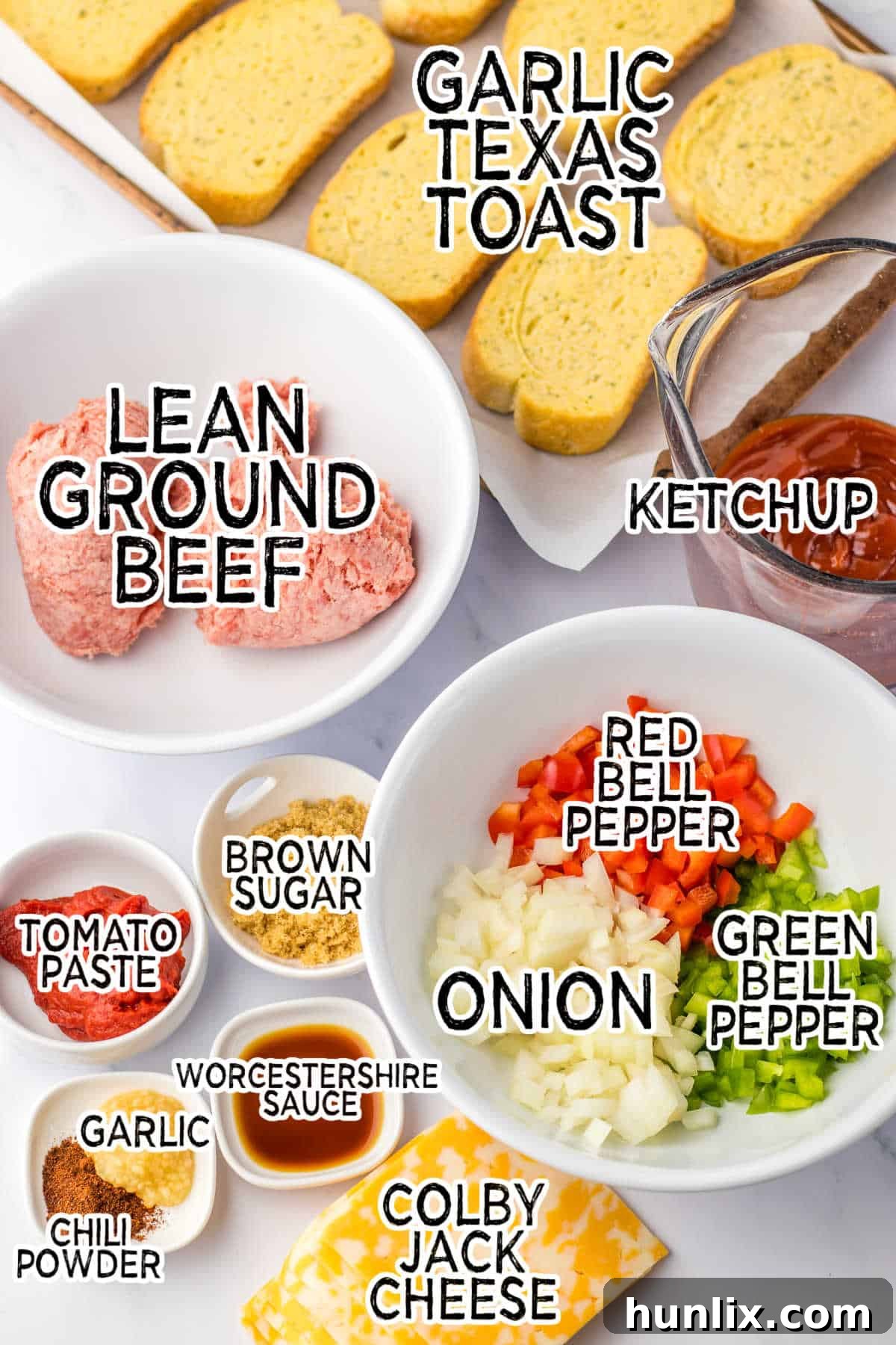 A collection of ingredients laid out on a table, ready to be used for making Texas Toast Sloppy Joes.