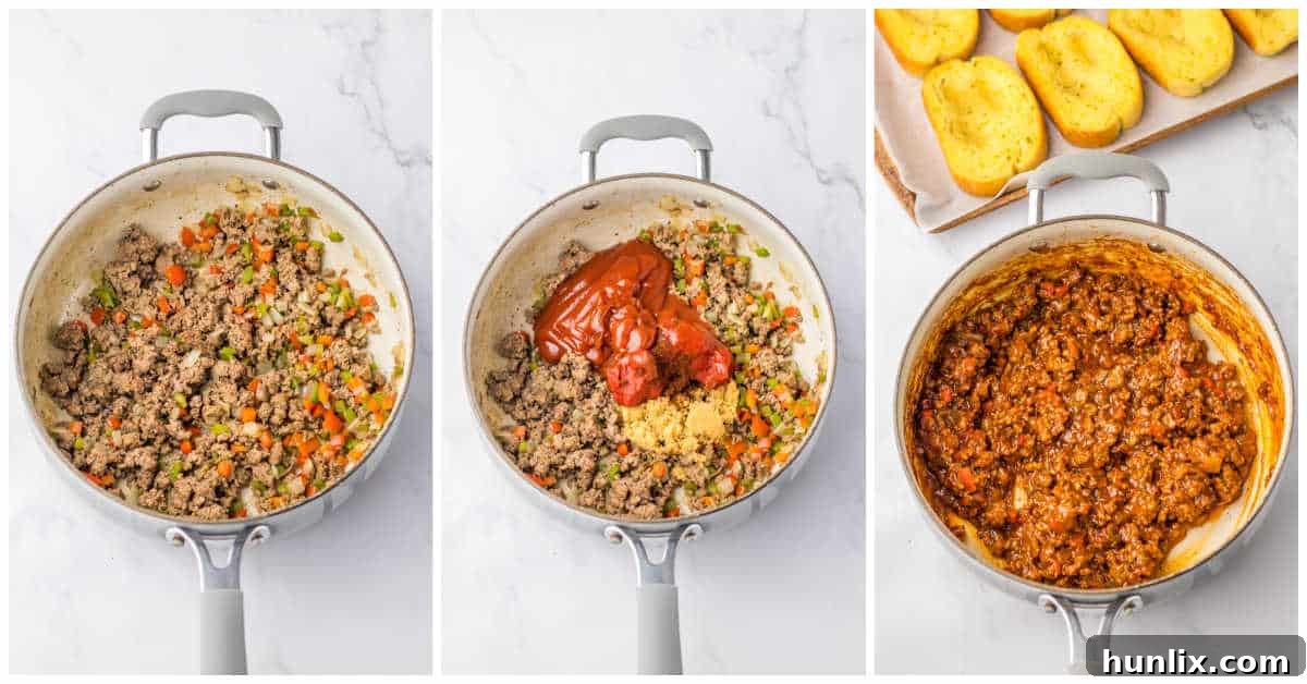 The cooking process of Texas toast sloppy joes, showing ingredients being combined in a skillet.