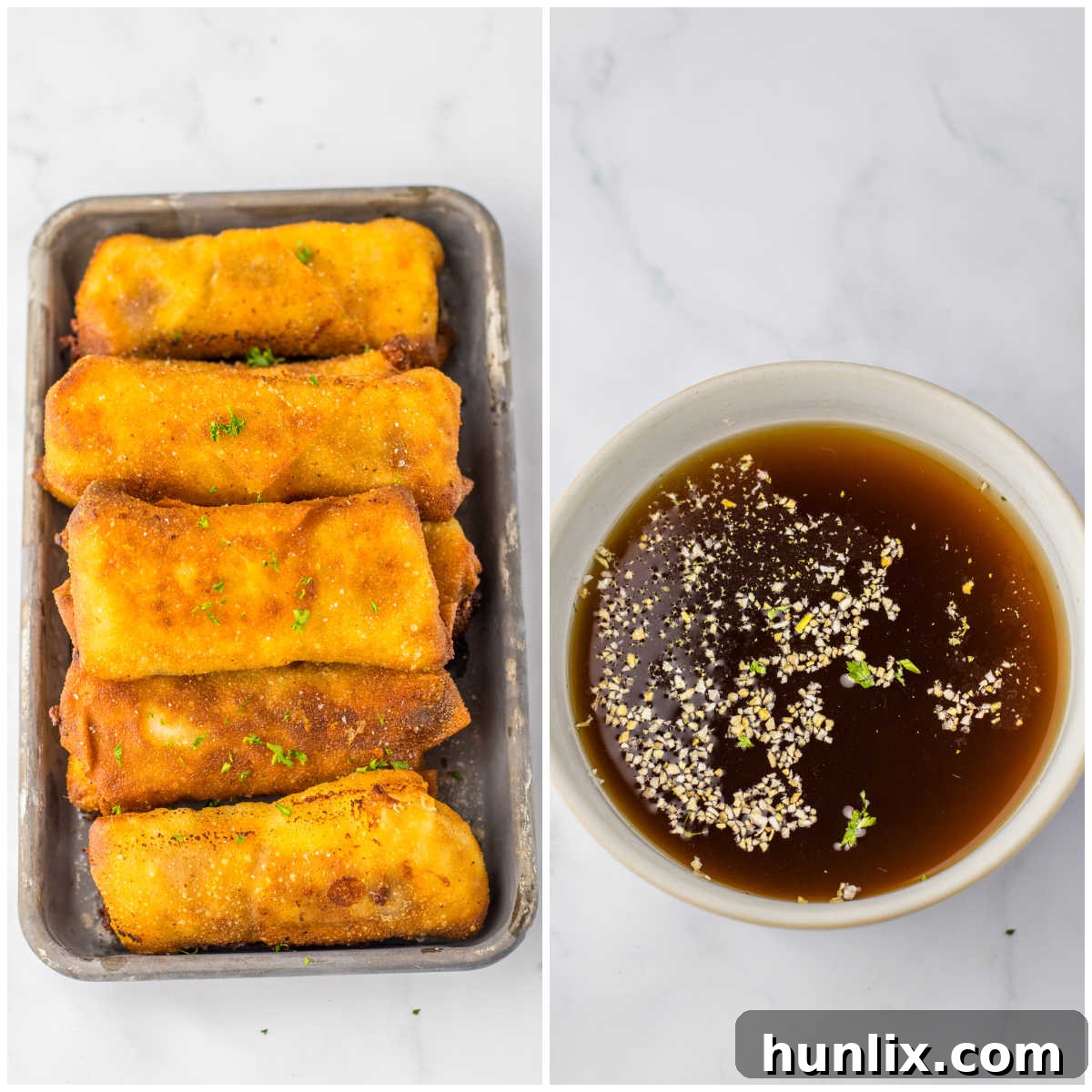 Crispy French Dip Dippers 5 A series of images showing French dip egg rolls frying in hot oil and then draining on a rack.