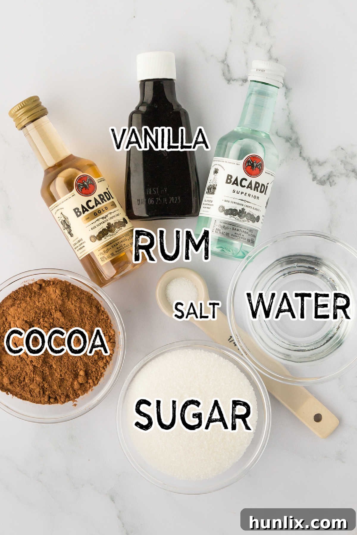 Ingredients on a white marble counter.
