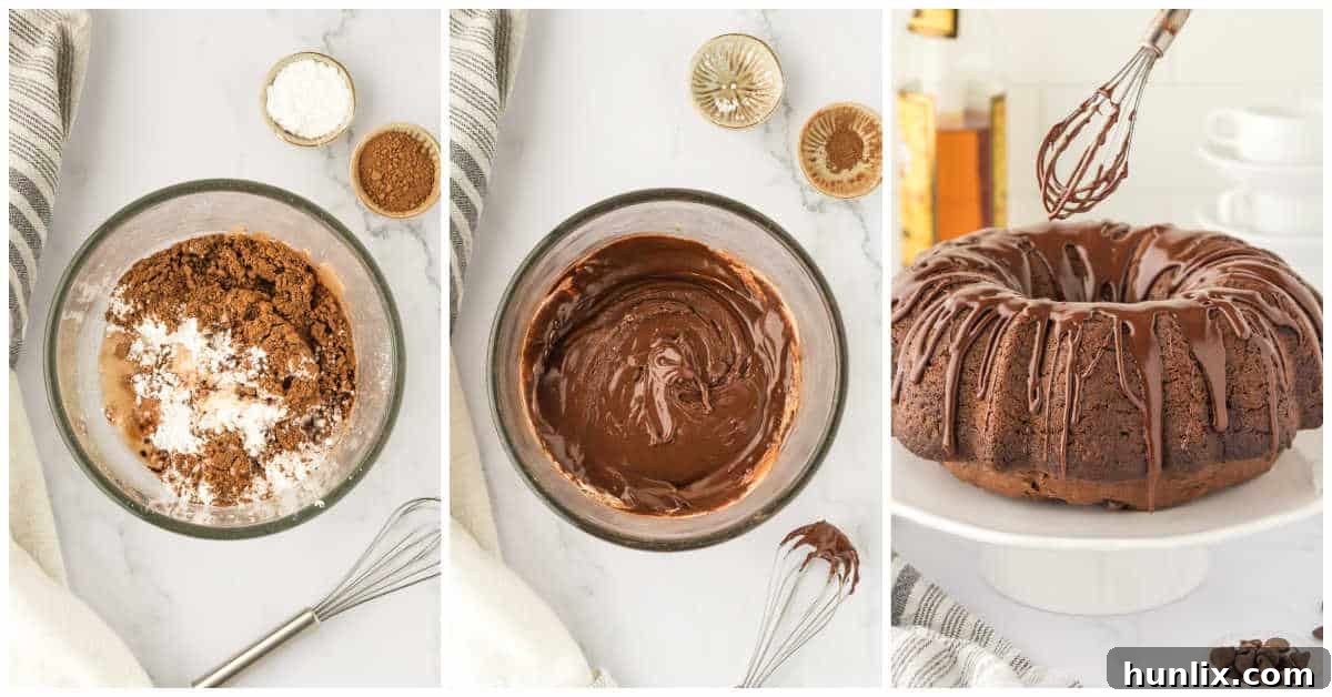 Collage of preparing the chocolate drizzle.