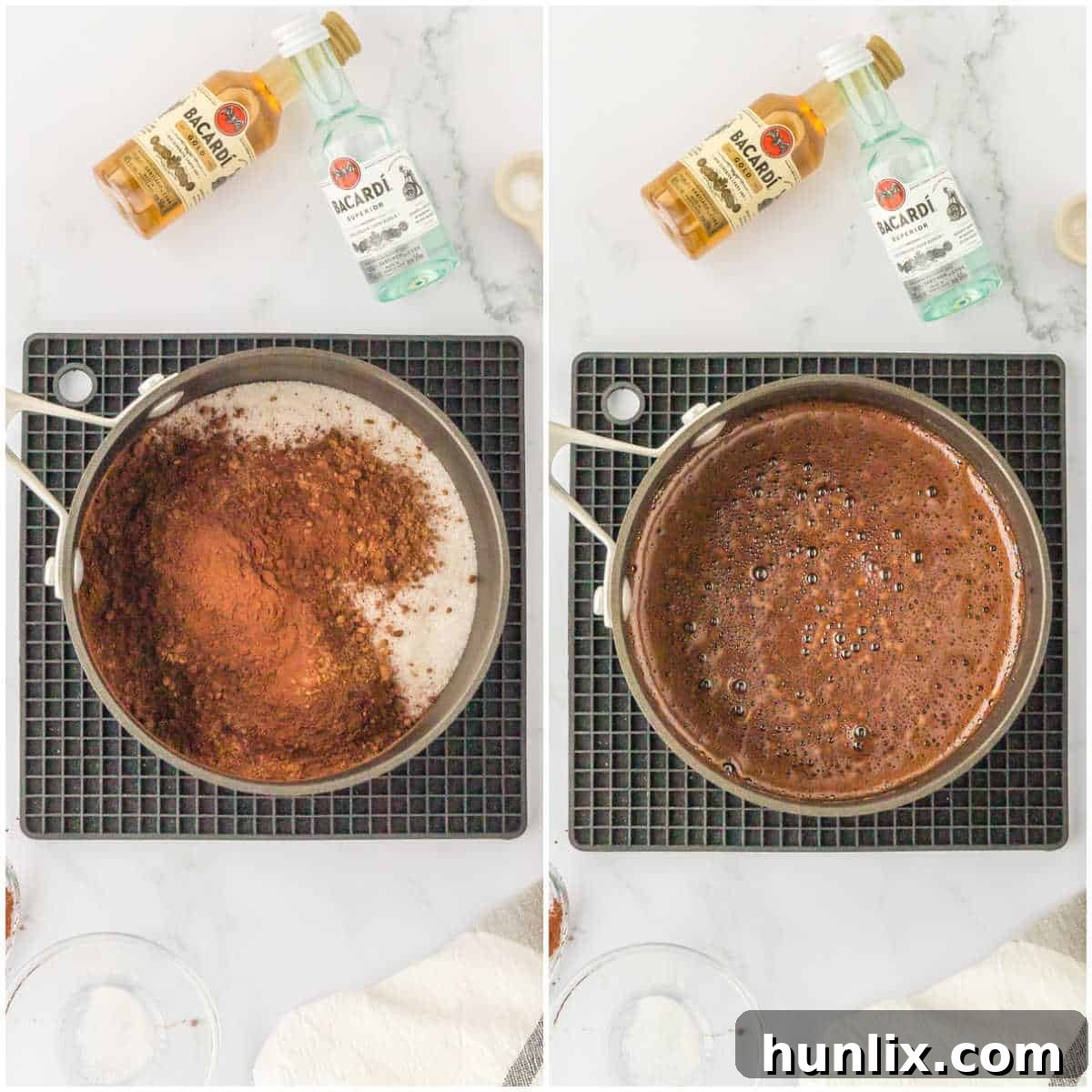 Collage of making the chocolate rum sauce.