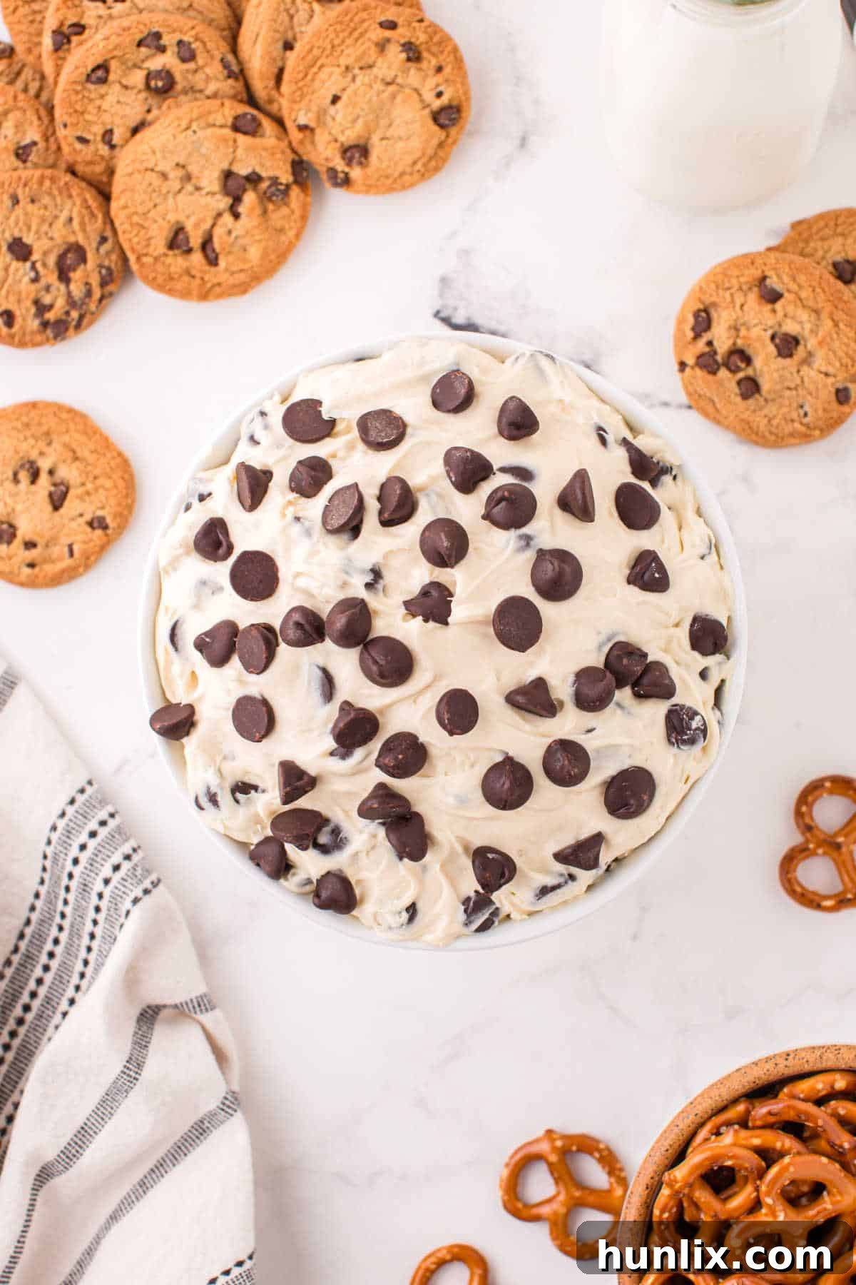 No-Bake Cookie Dough Dip 2 A beautifully garnished bowl of edible cookie dough dip, ready for dipping.
