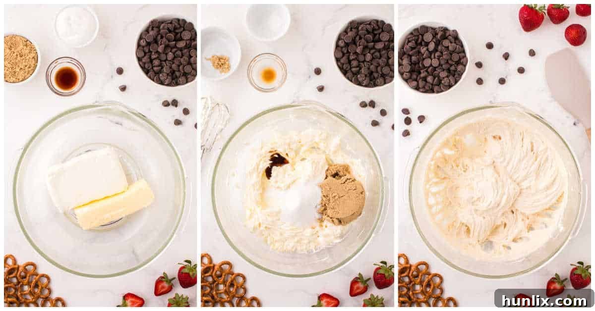 No-Bake Cookie Dough Dip 4 Two images side by side showing the initial steps of preparing the cookie dough dip ingredients in a bowl.