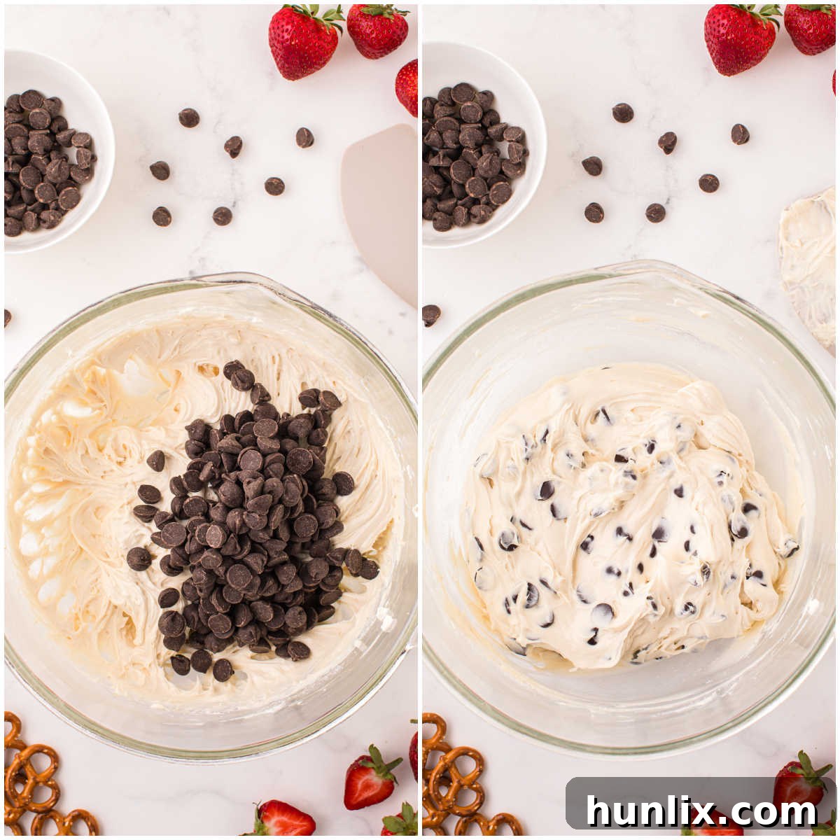 No-Bake Cookie Dough Dip 5 Images demonstrating the final steps of mixing chocolate chips into the cookie dough dip and preparing it for serving.