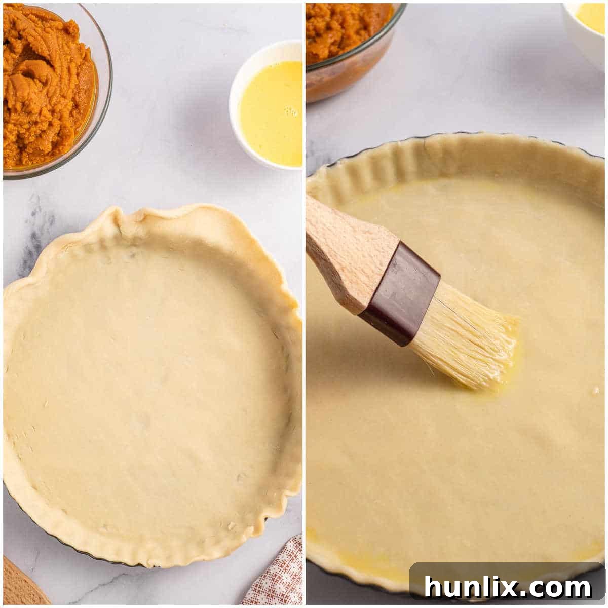 A visual collage showing the first steps of making a pumpkin tart: preparing the pan, pressing the crust, and applying an egg wash.
