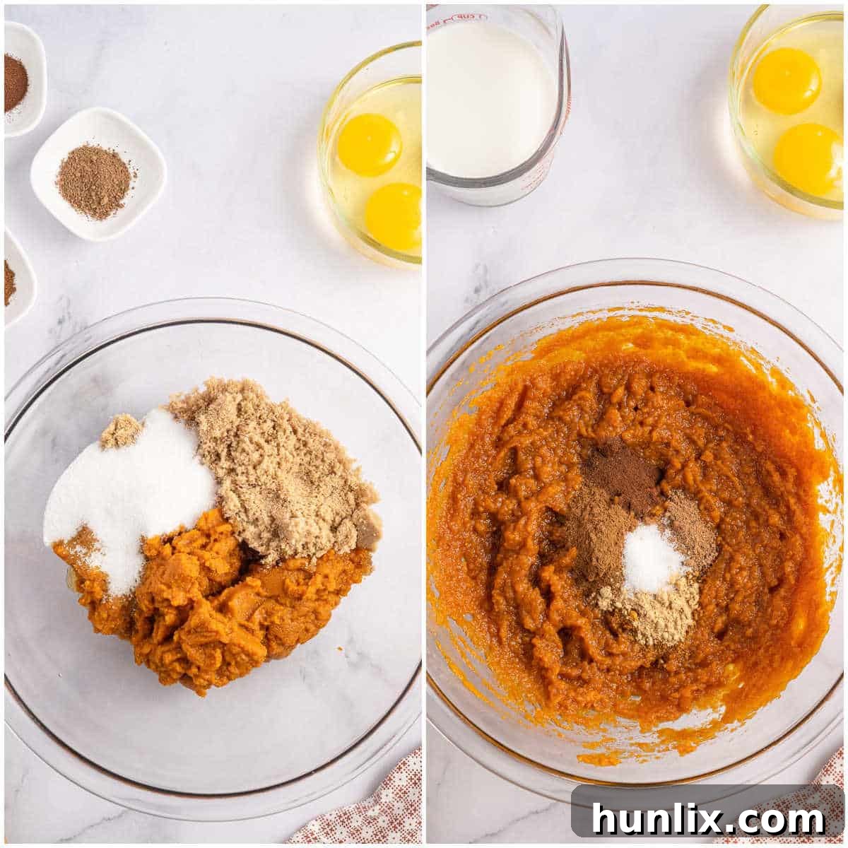 A collage demonstrating the steps for preparing the creamy pumpkin filling, including mixing pumpkin puree with sugars and then adding spices.