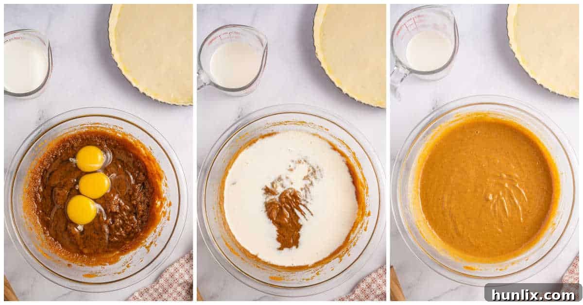 A collage illustrating the final stages of making the pumpkin tart filling, showing eggs and half & half being whisked into the spiced pumpkin mixture.