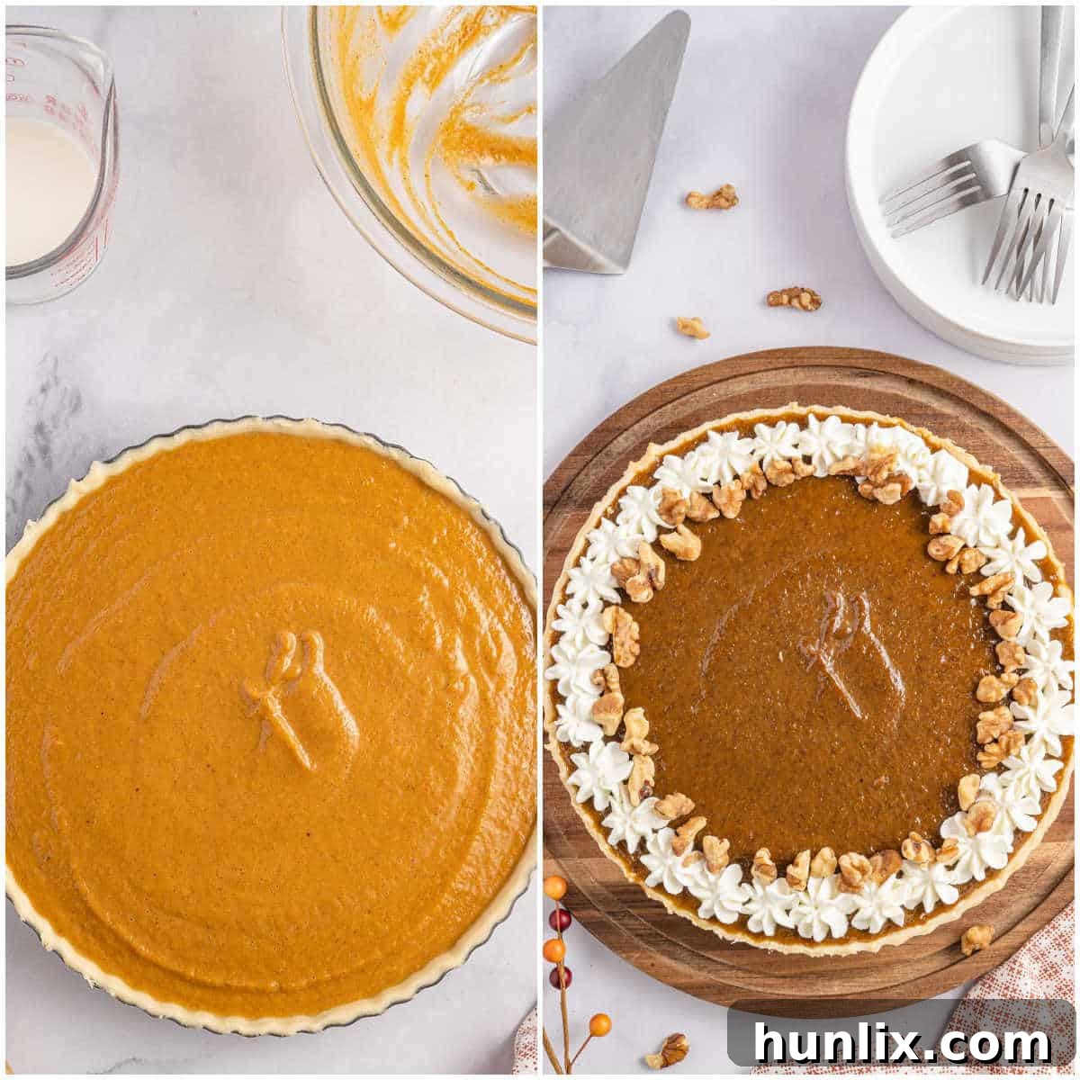 A collage showing the baking process of the pumpkin tart and its golden brown finish after being removed from the oven.